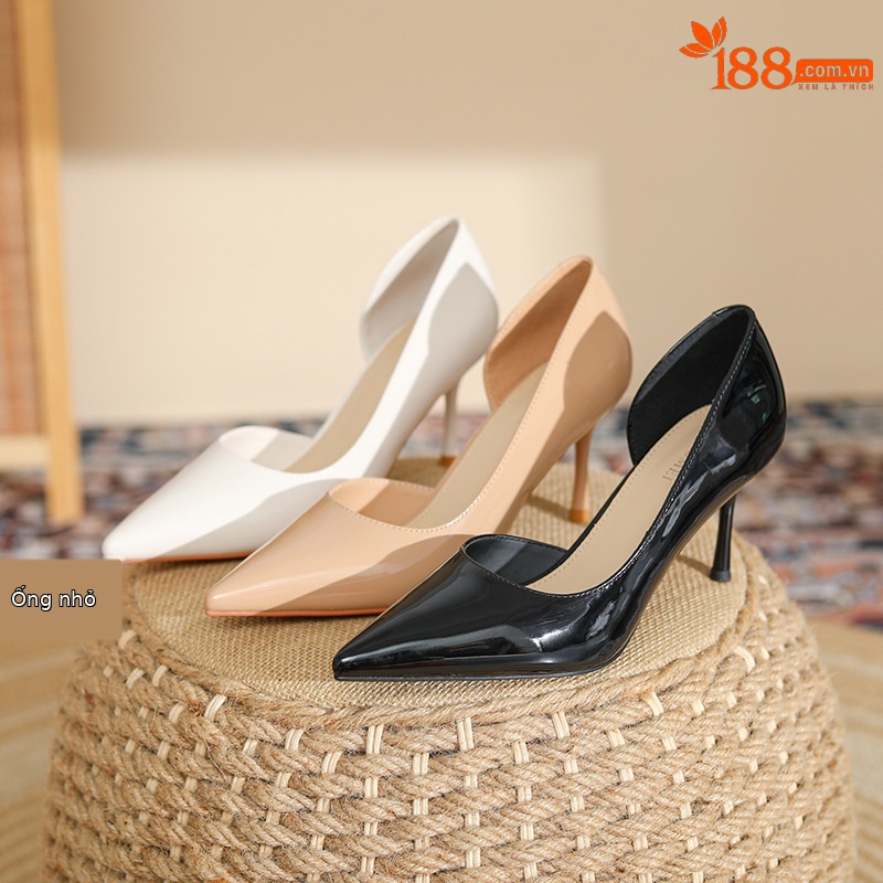 Sandal cao gót nữ mũi nhọn kiểu xẻ bên phong cách Hàn Quốc — Màu trà sữa