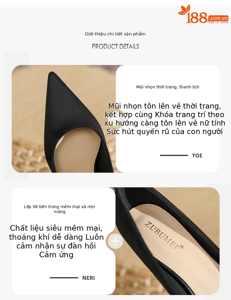 Giày cao gót nữ mũi nhọn gót 8 cm kiểu stiletto — Màu Đen-8cm chi tiết 2