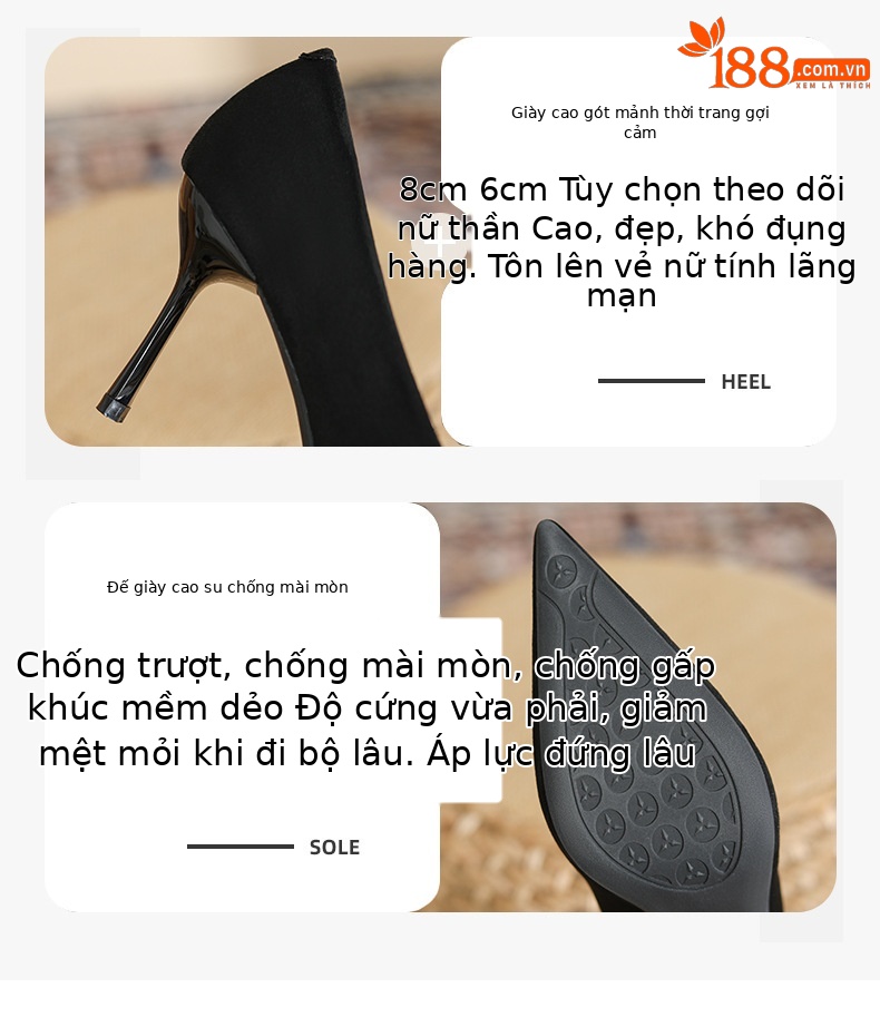 Giày cao gót nữ mũi nhọn gót 8 cm kiểu stiletto — Màu Đen-8cm chi tiết 3