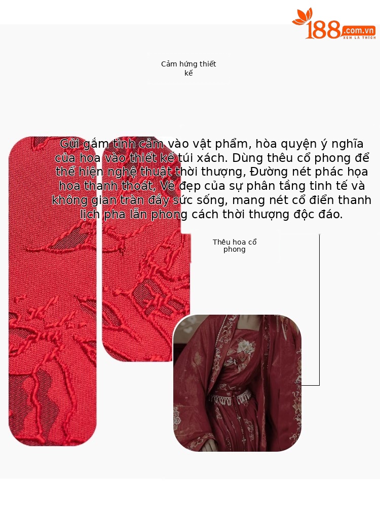 Túi xách tay nữ màu đỏ thêu hoa nổi phong cách Trung Hoa, dành cho cô dâu và mẹ cô dâu chi tiết 3