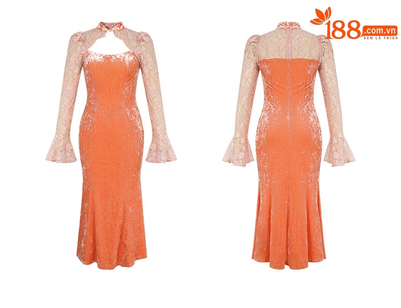 Đầm maxi nữ tay chuông phong cách Trung Hoa cải tiến, chất nhung mềm mại — Màu đen chi tiết 5