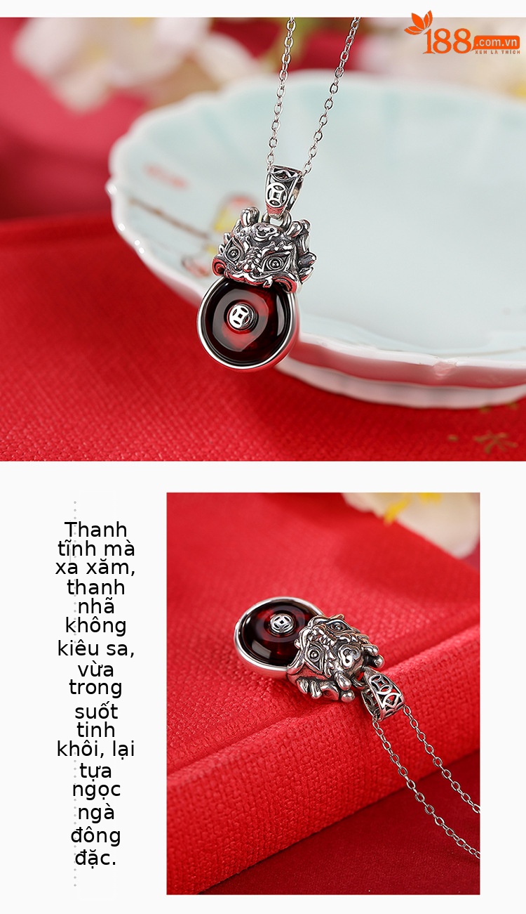 Mặt dây chuyền bạc S999 hình hươu bạc khảm hổ phách máu phong cách cổ điển — Mô hình hổ phách máu (không có dây chuyền) chi tiết 3