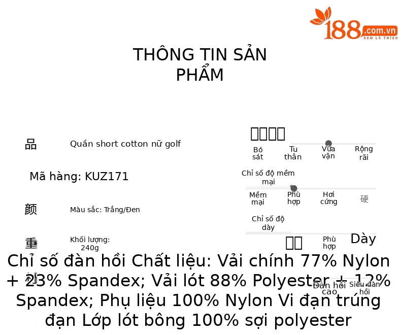 Quần golf thể thao nữ thu đông lót cotton, thắt lưng co giãn giữ ấm — KUZ171-Quần short cotton đen, KUZ171-Quần short cotton trắng chi tiết 2