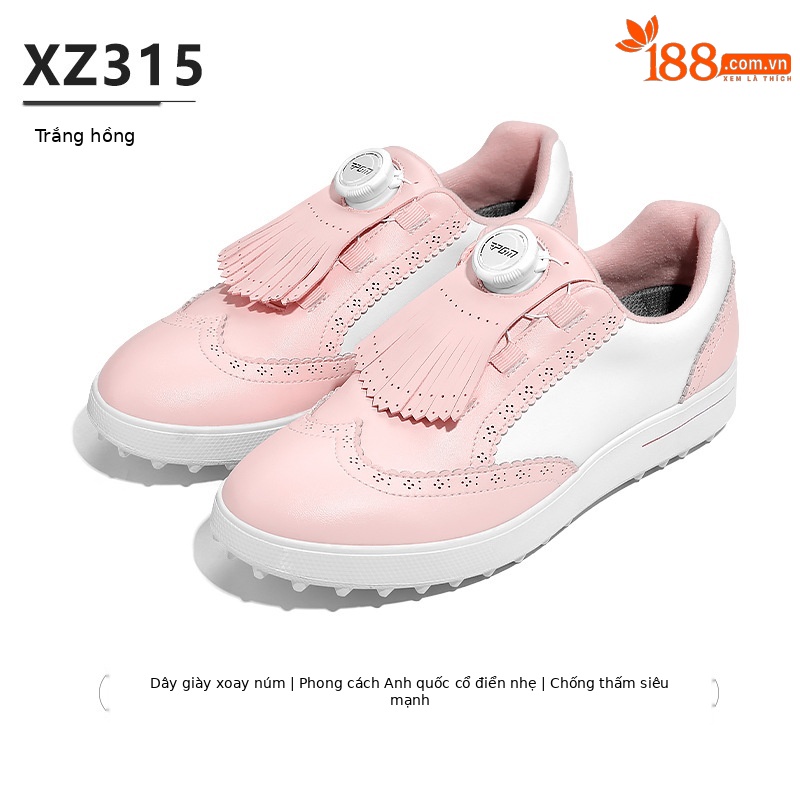 Giày golf nữ PGM chống thấm nước, đế chống trượt, phong cách Anh cổ điển — XZ315-Trắng hồng