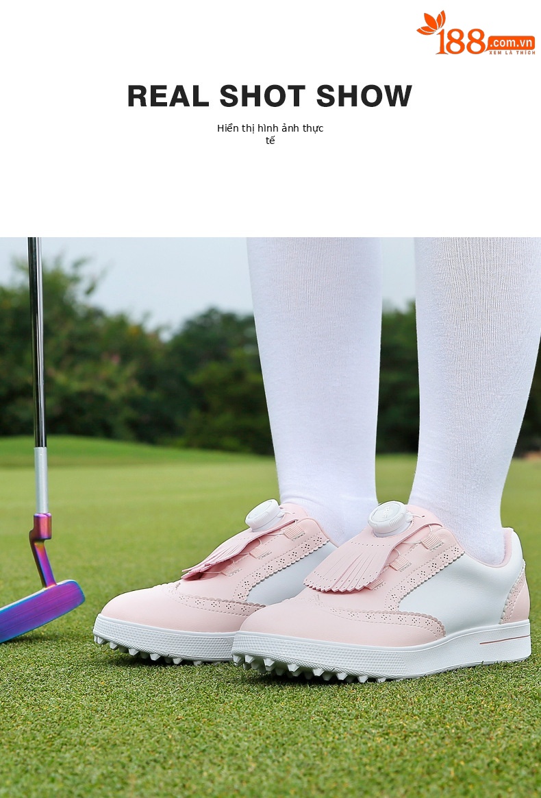 Giày golf nữ PGM chống thấm nước, đế chống trượt, phong cách Anh cổ điển — XZ315-Trắng hồng chi tiết 8