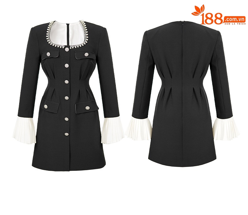 Đầm ôm body nữ cổ vuông tay chuông đính đá kiểu Hepburn — Màu đen chi tiết 3
