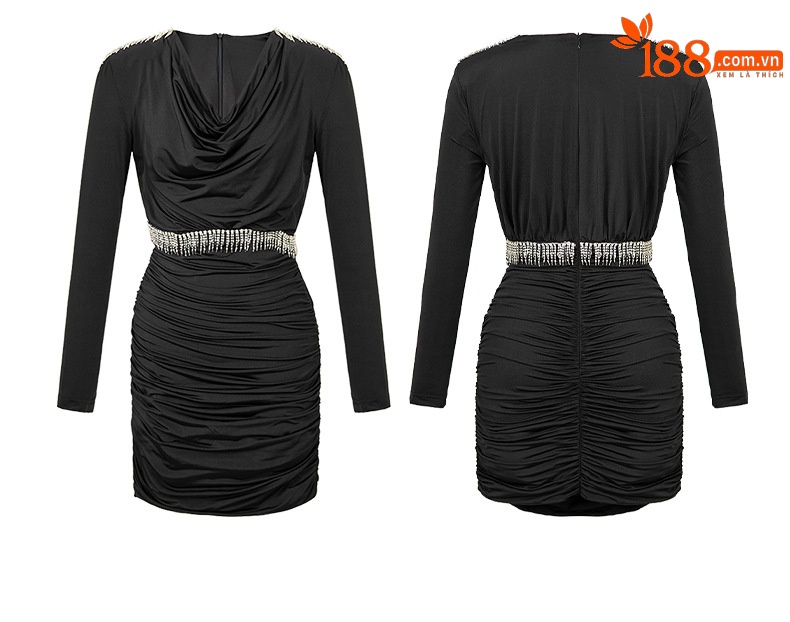 Đầm ôm body nữ cổ xòe đính đá dự tiệc — Màu đen chi tiết 5