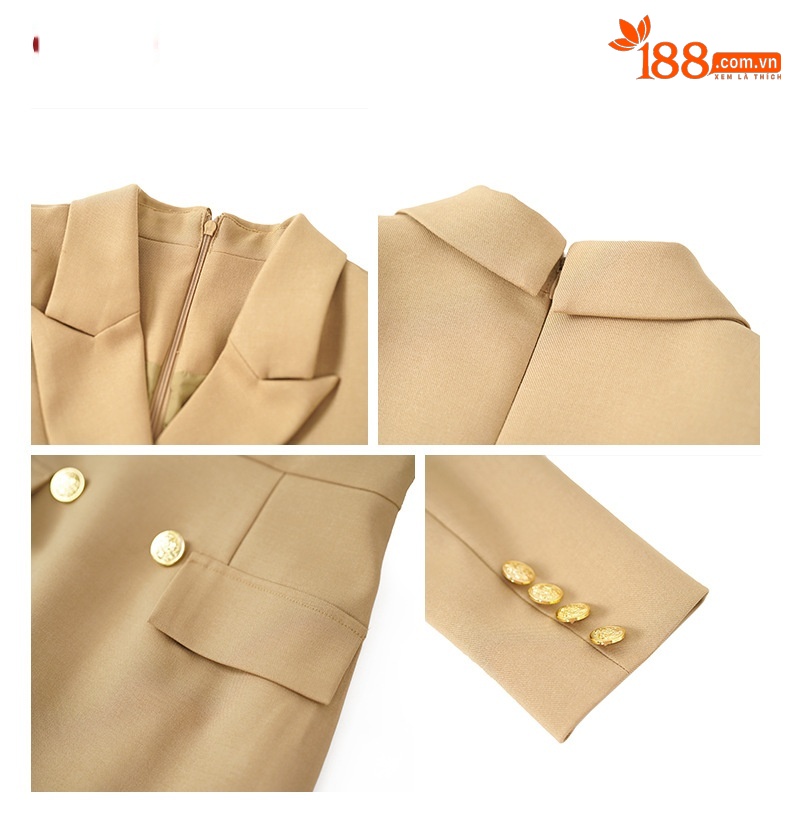 Đầm bodycon công sở cổ vest ôm eo chân váy dài — Màu vàng camel chi tiết 3