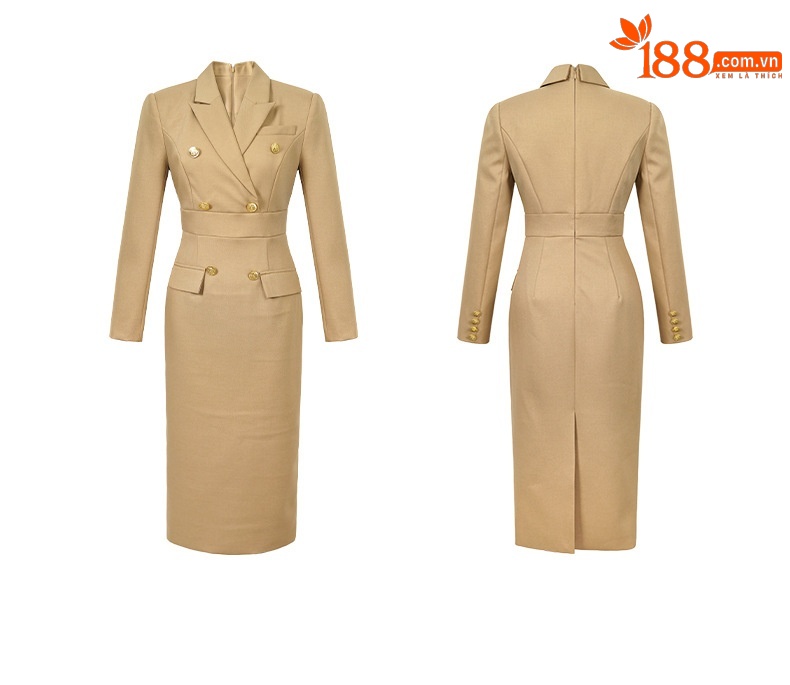 Đầm bodycon công sở cổ vest ôm eo chân váy dài — Màu vàng camel chi tiết 4