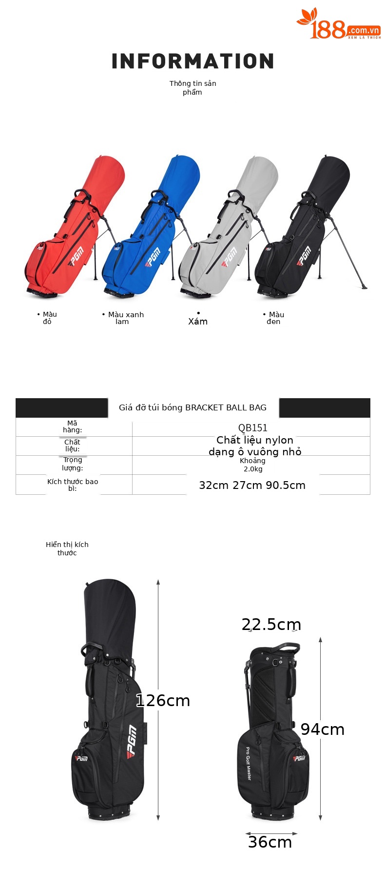 Túi golf PGM siêu nhẹ có giá đỡ, chống thấm nước, dây kéo tiện lợi — QB151-Đỏ, QB151-màu xám, QB151-đen, QB151-Xanh chi tiết 9
