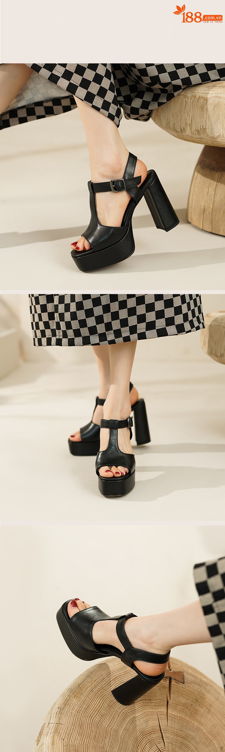 Sandal cao gót nữ quai chữ T đế dày gót vuông mũi cá da bò — Màu Đen [da cừu] chi tiết 4