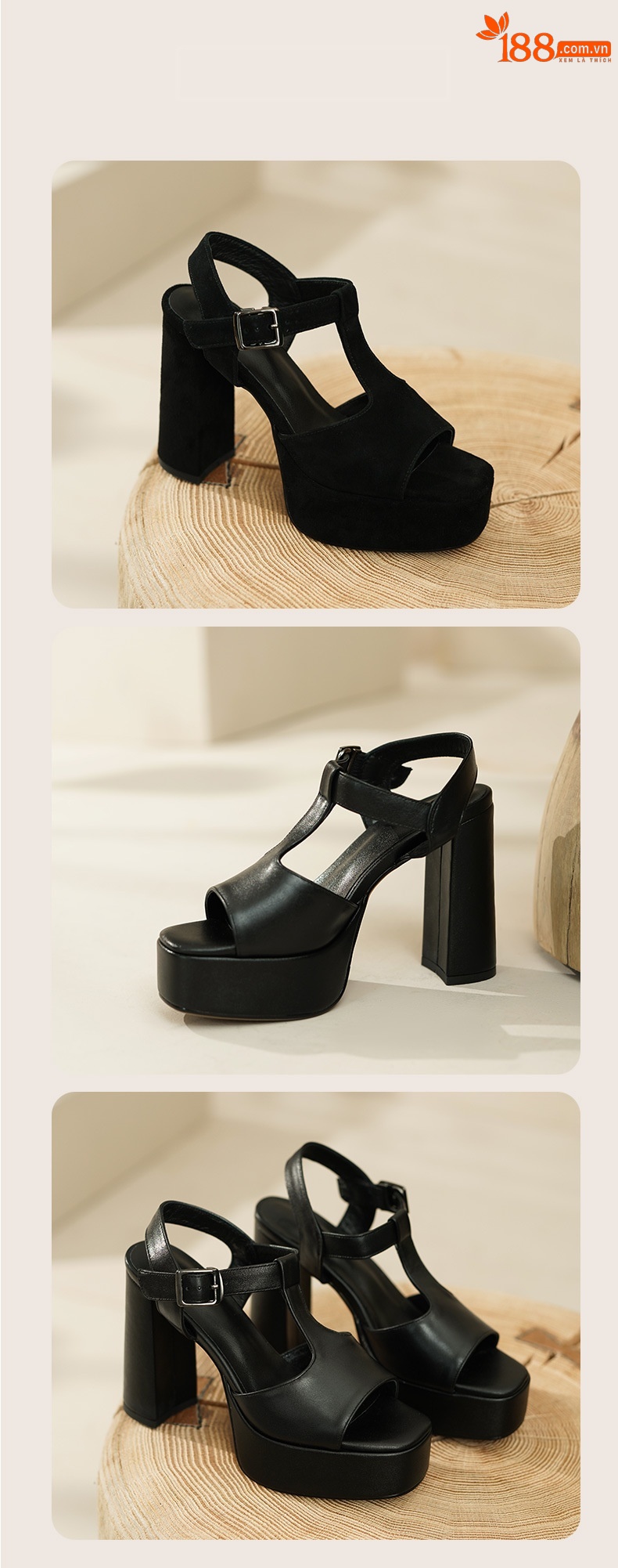 Sandal cao gót nữ quai chữ T đế dày gót vuông mũi cá da bò — Màu Đen [da cừu] chi tiết 7