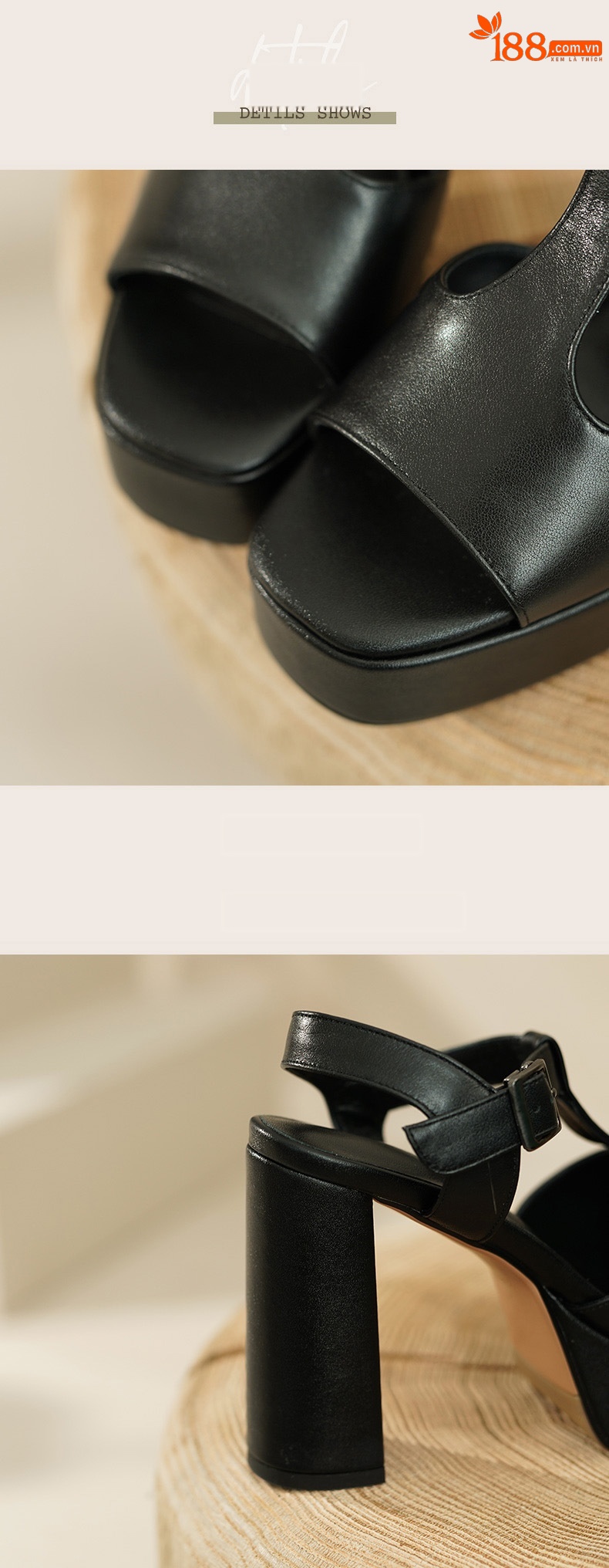 Sandal cao gót nữ quai chữ T đế dày gót vuông mũi cá da bò — Màu Đen [da cừu] chi tiết 8