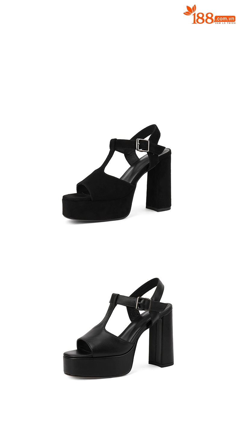 Sandal cao gót nữ quai chữ T đế dày gót vuông mũi cá da bò — Màu Đen [da cừu] chi tiết 10