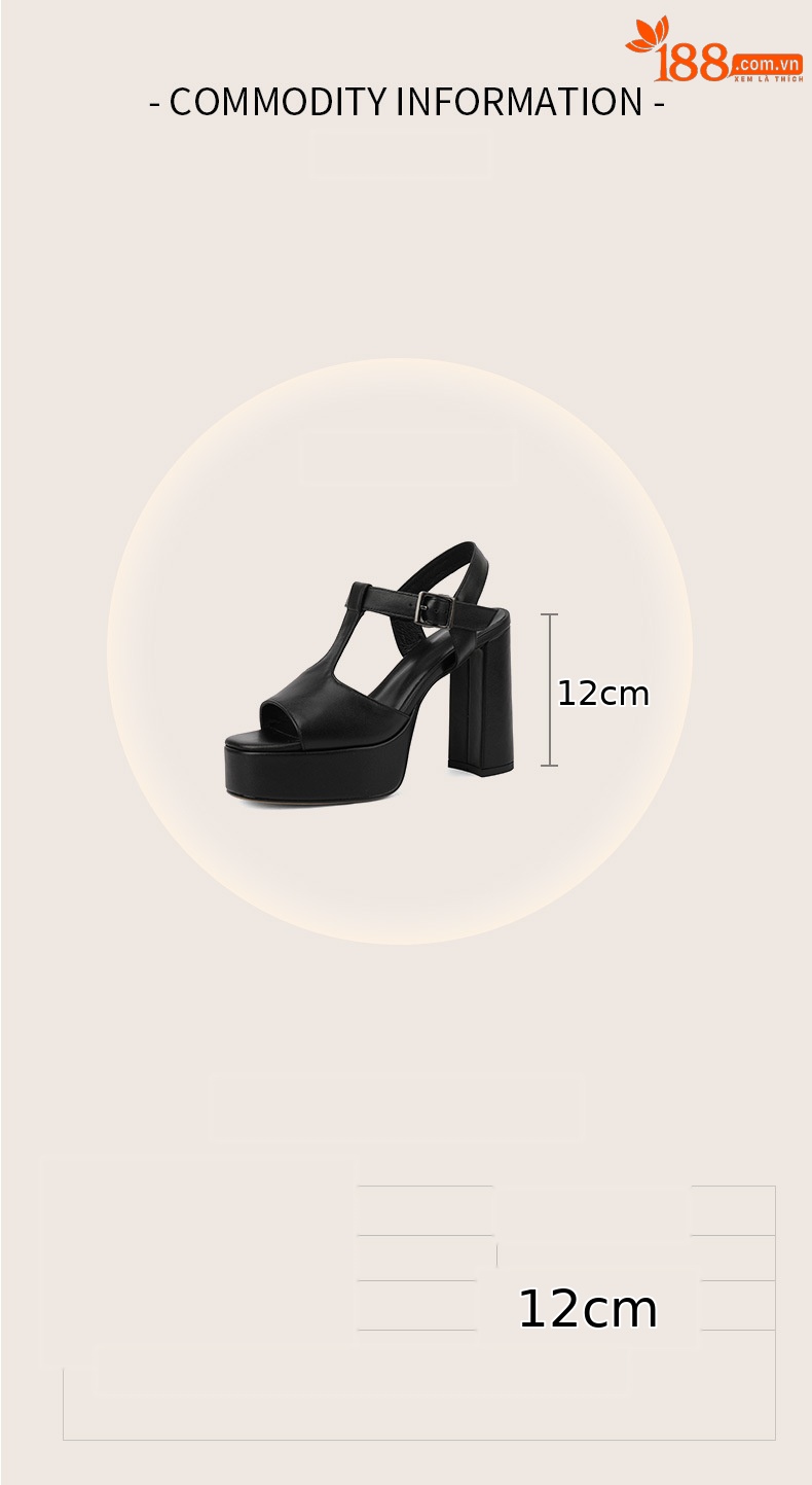Sandal cao gót nữ quai chữ T đế dày gót vuông mũi cá da bò — Màu Đen [da cừu] chi tiết 3