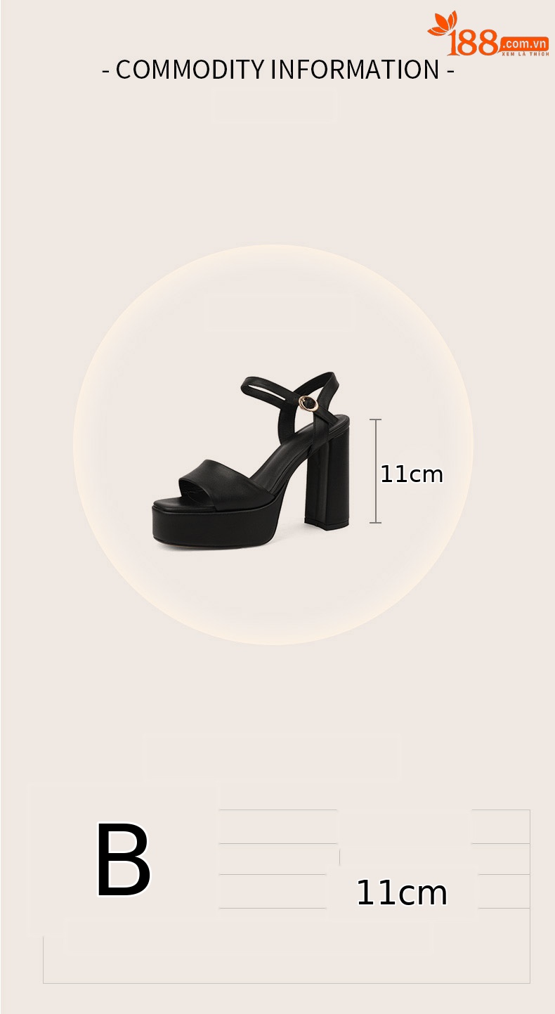 Sandal cao gót quai ngang da bò lớp đầu phong cách Âu Mỹ gót vuông 11 cm — Da lộn Cừu Đen [Chiều cao gót 10 cm] chi tiết 2