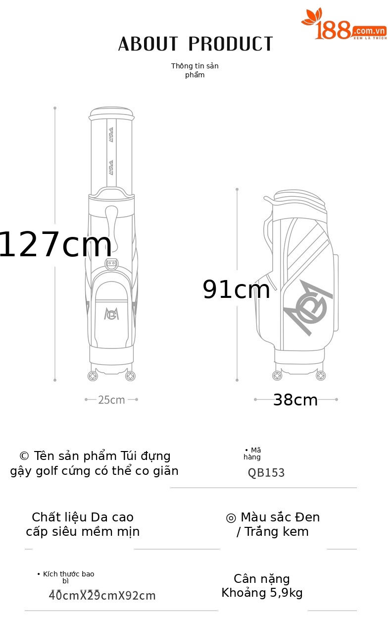 Túi golf PGM vỏ cứng bốn bánh đẩy phẳng, kích thước 127x25x38 cm, chất liệu da siêu mềm cao cấp — QB153-Màu đen, QB153-Màu be, QB153-Màu xanh lá cây, QB153-Màu hồng chi tiết 15