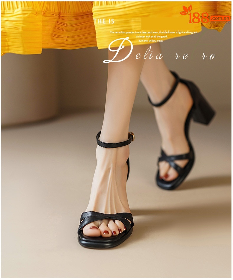 Sandal cao gót nữ hở mũi da bò lớp đầu gót vuông quai ngang — Da cừu màu đen chi tiết 1