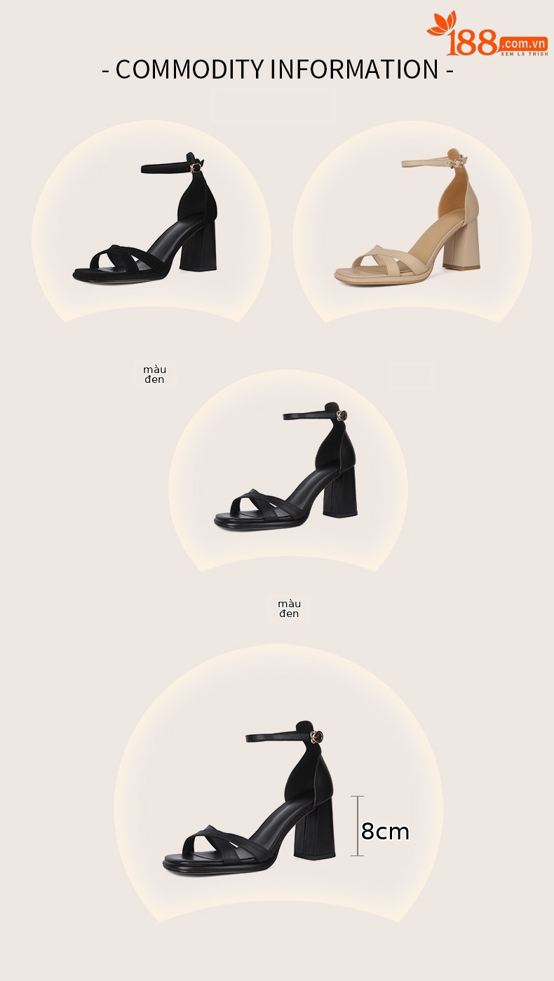 Sandal cao gót nữ hở mũi da bò lớp đầu gót vuông quai ngang — Da cừu màu đen chi tiết 4