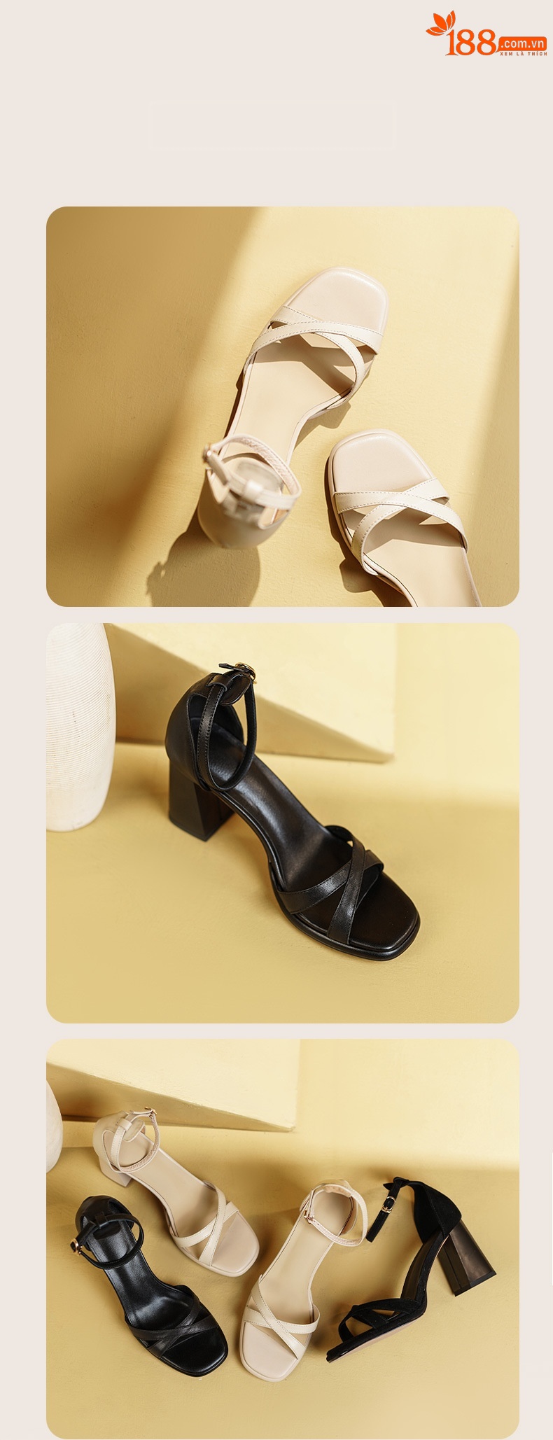Sandal cao gót nữ hở mũi da bò lớp đầu gót vuông quai ngang — Da cừu màu đen chi tiết 10