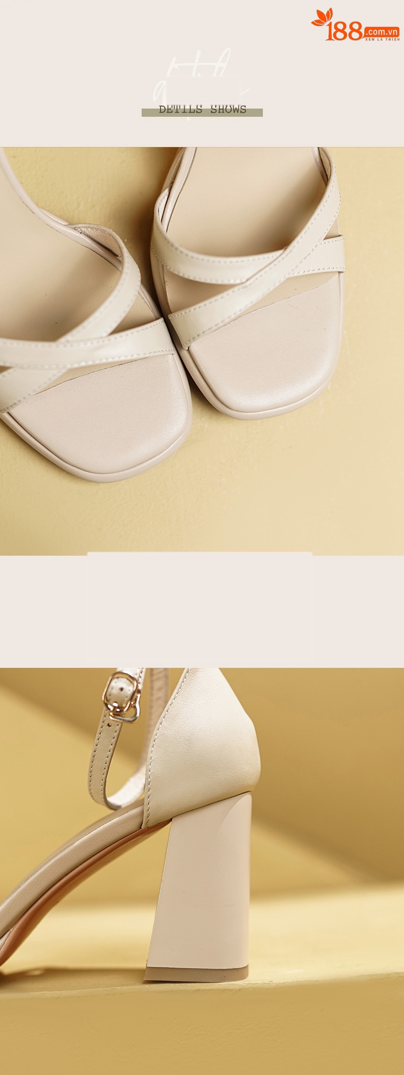 Sandal cao gót nữ hở mũi da bò lớp đầu gót vuông quai ngang — Da cừu màu đen chi tiết 11