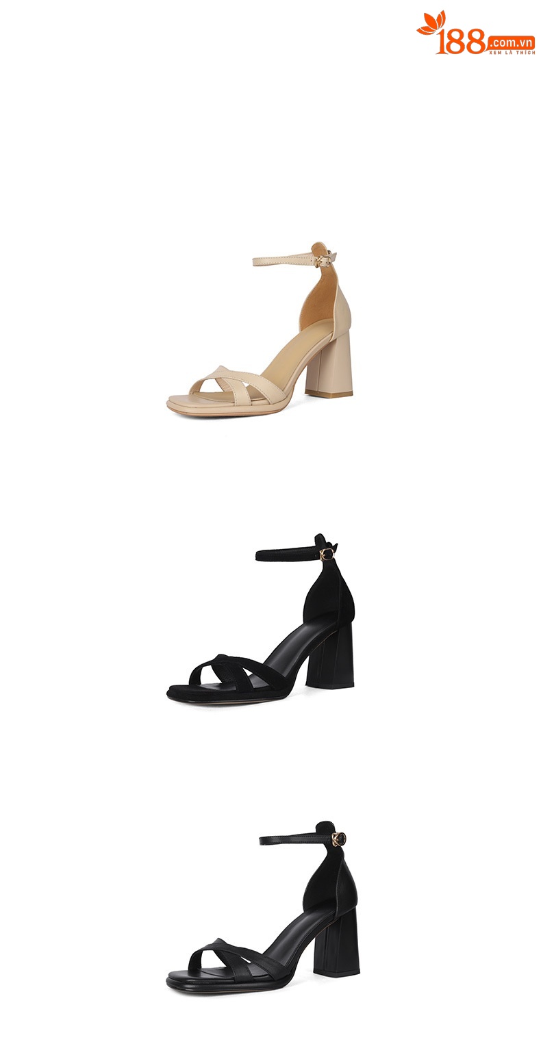 Sandal cao gót nữ hở mũi da bò lớp đầu gót vuông quai ngang — Da cừu màu đen chi tiết 13