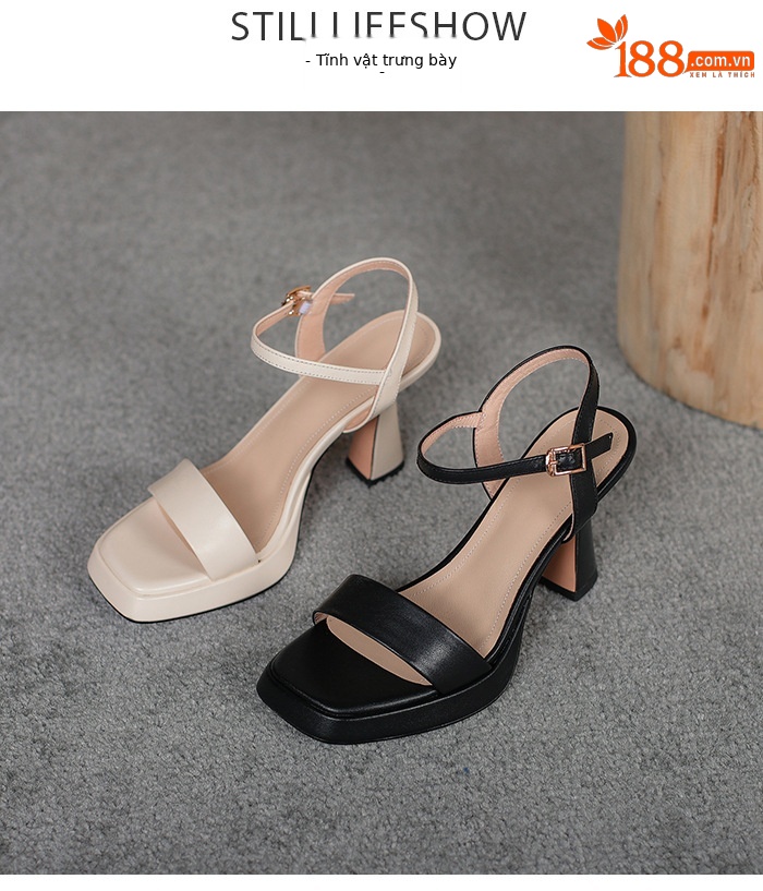 Sandal cao gót nữ quai ngang hở mũi da bò thật khóa thời trang — Màu đen chi tiết 16