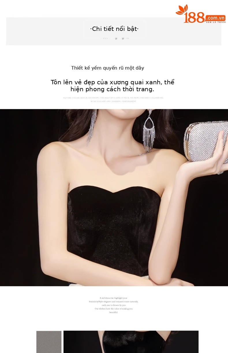 Váy dạ hội maxi thắt eo cổ chữ U không tay chất liệu nhung đen — Nhung đen chi tiết 3