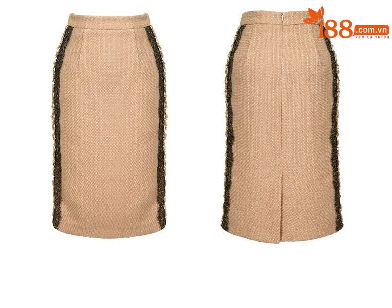 Bộ trang phục công sở nữ hai mảnh kiểu Chanel, áo khoác ôm eo và chân váy ôm hông — Màu Kaki chi tiết 4