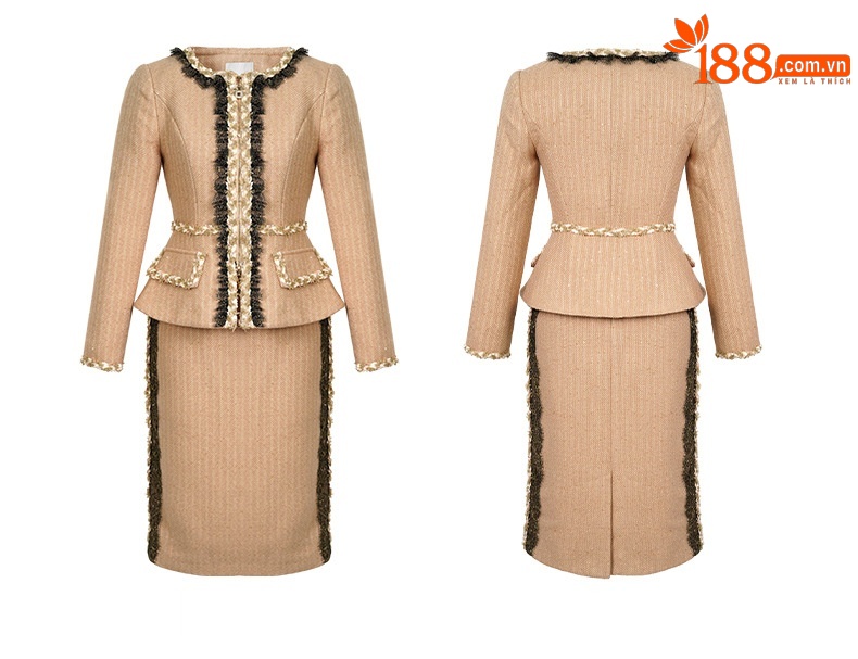 Bộ trang phục công sở nữ hai mảnh kiểu Chanel, áo khoác ôm eo và chân váy ôm hông — Màu Kaki chi tiết 5