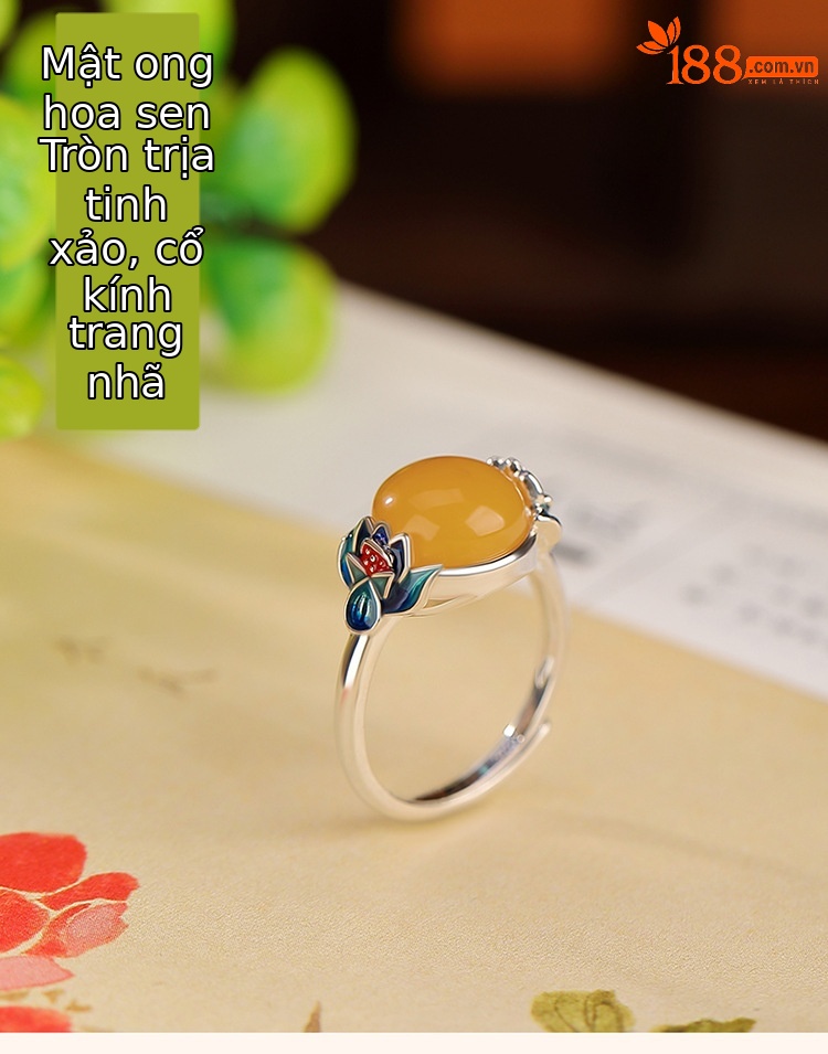 Nhẫn bạc S925 hình sáp ong phong thủy màu xanh sen — Mở một size chi tiết 2