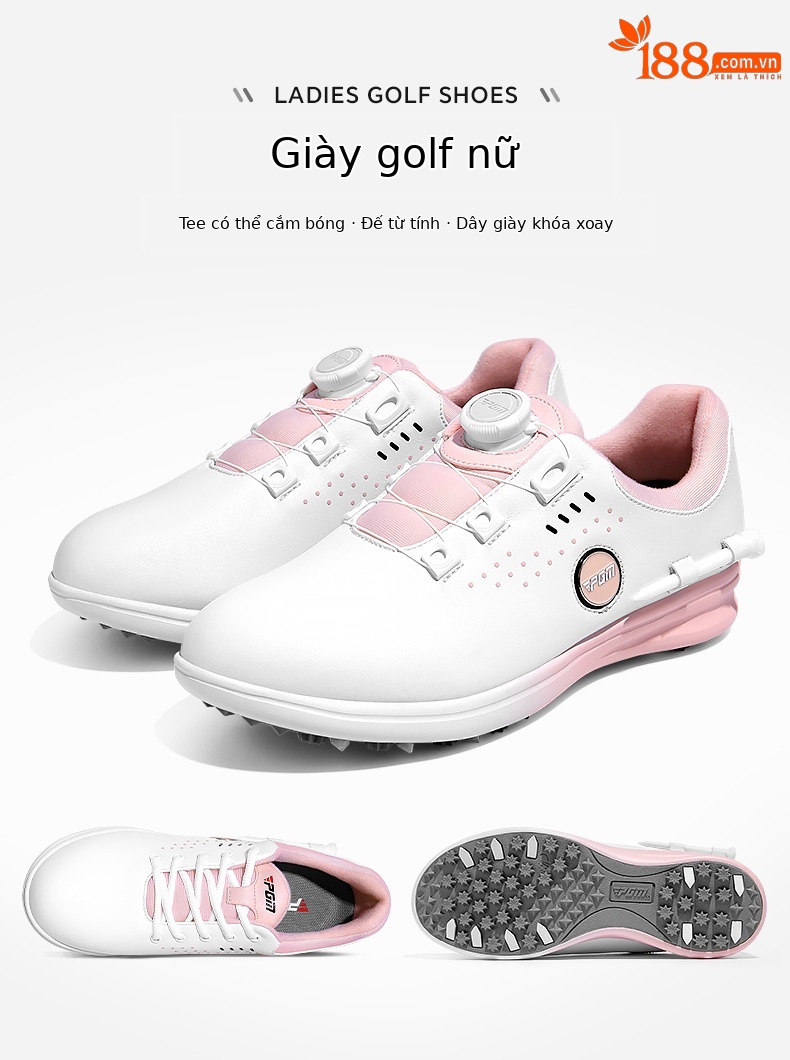 Giày golf nữ PGM chống thấm nước, đế foam giảm chấn, khóa xoay tiện lợi — XZ314-trắng hồng (dây giày khóa xoay), XZ314-trắng hồng (dây giày thường), XZ314 Sakura Pink [Chống thấm nước/Giảm chấn đàn hồi cao/Dây giày có khóa xoay] chi tiết 3