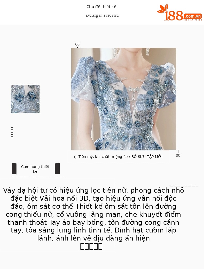 Đầm dạ hội ôm body màu xanh cao cấp, tay dài, phong cách thanh lịch — Màu xanh lam tiên khí chi tiết 2