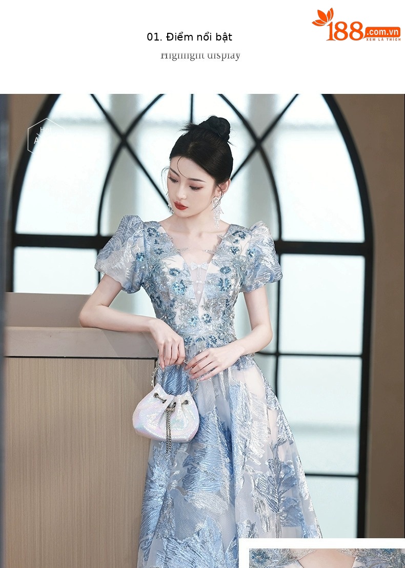 Đầm dạ hội ôm body màu xanh cao cấp, tay dài, phong cách thanh lịch — Màu xanh lam tiên khí chi tiết 3
