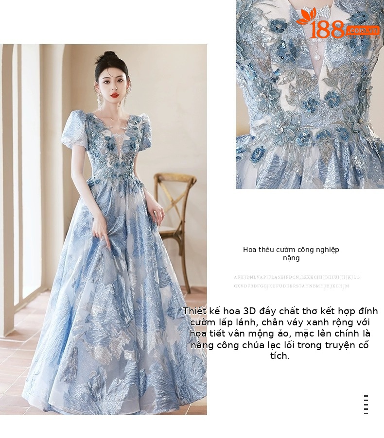 Đầm dạ hội ôm body màu xanh cao cấp, tay dài, phong cách thanh lịch — Màu xanh lam tiên khí chi tiết 4