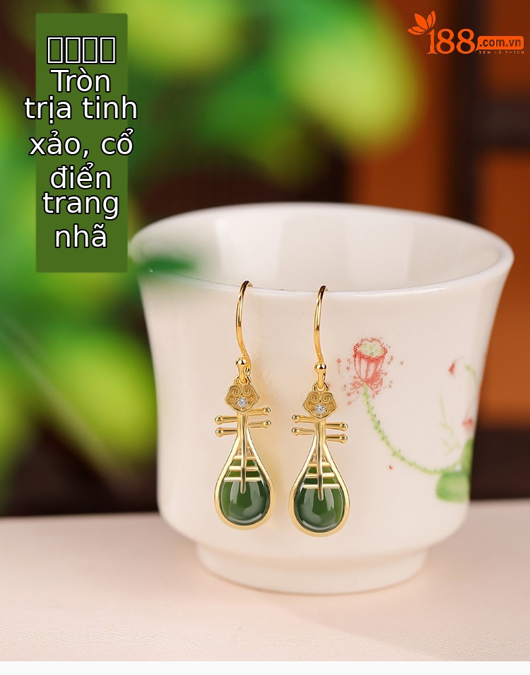 Khuyên tai bạc S925 mạ vàng đính ngọc bích hình hươu phong cách dân tộc — Kiểu màu bạc chi tiết 1