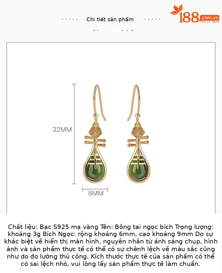 Khuyên tai bạc S925 mạ vàng đính ngọc bích hình hươu phong cách dân tộc — Kiểu màu bạc chi tiết 2