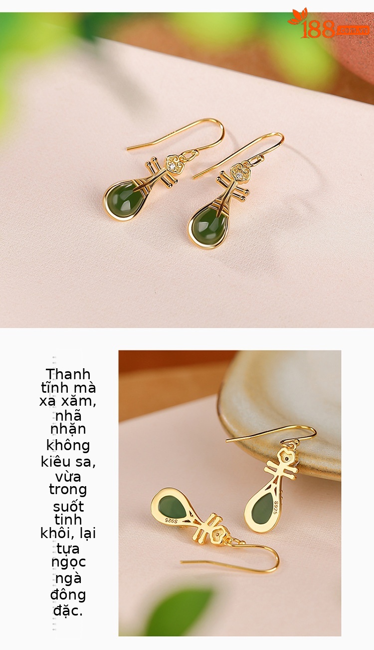 Khuyên tai bạc S925 mạ vàng đính ngọc bích hình hươu phong cách dân tộc — Kiểu màu bạc chi tiết 3