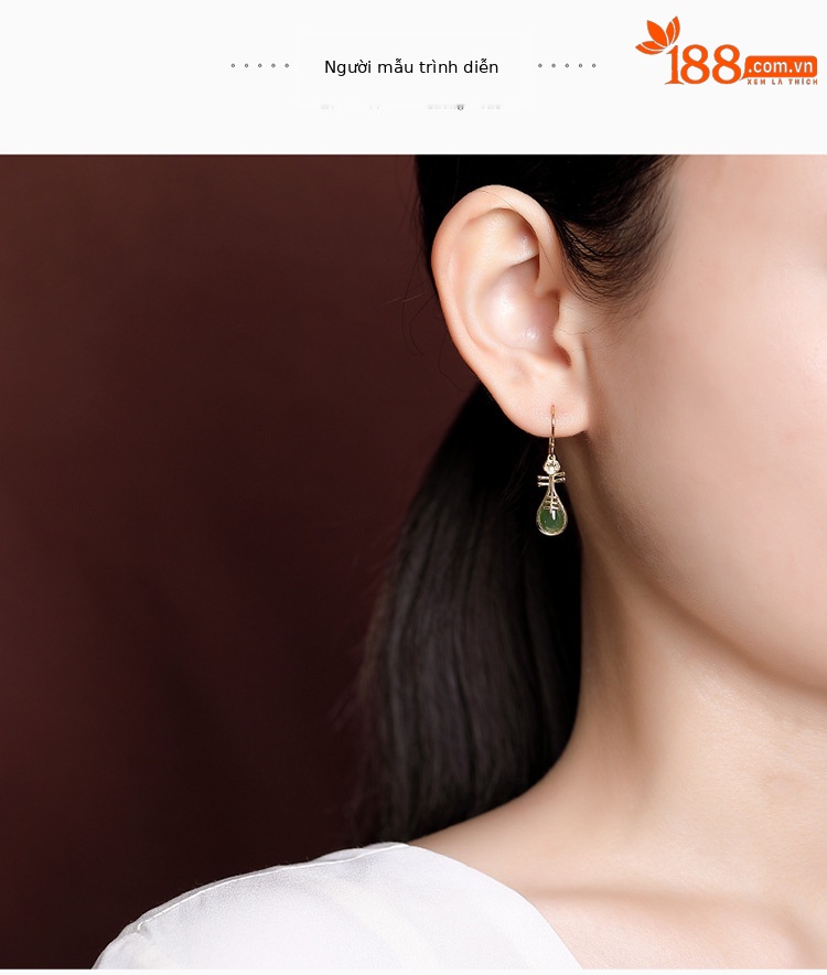Khuyên tai bạc S925 mạ vàng đính ngọc bích hình hươu phong cách dân tộc — Kiểu màu bạc chi tiết 5