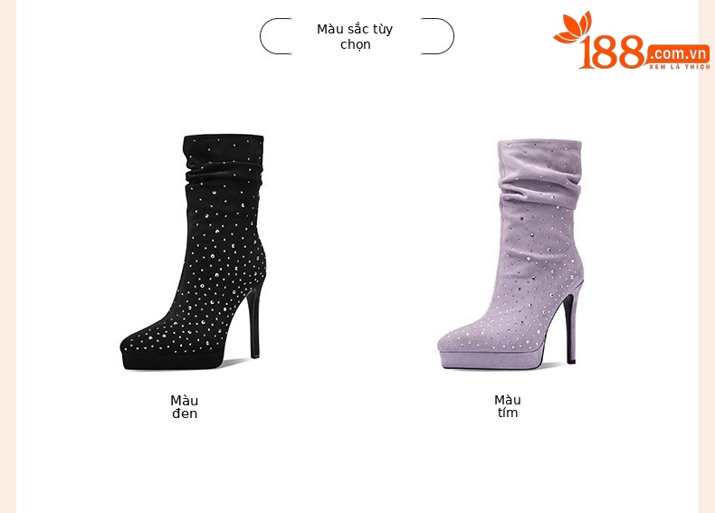 Boot nữ cổ cao da màu tím mũi nhọn gót nhọn đế dày đính đá — Đen mờ (lót nhung) chi tiết 1