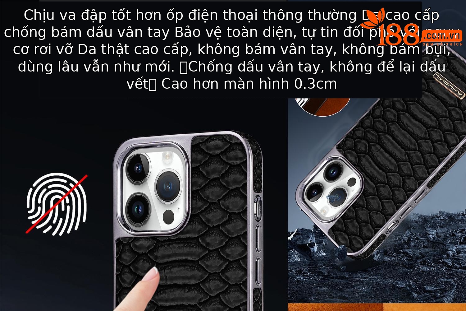 Ốp lưng điện thoại Apple 16 Pro Max chống rơi toàn diện, chất liệu da, kiểu dáng sang trọng — [Đen] vân rắn ◆ Công nghệ mạ điện lỗ lớn, [Màu xanh lam] vân rắn ◆ Quy trình mạ điện lỗ lớn, [Màu nâu nhạt] vân rắn ◆ Quy trình mạ điện lỗ lớn, [Màu nâu sẫm] vân rắn ◆ Quy trình mạ điện lỗ lớn chi tiết 3