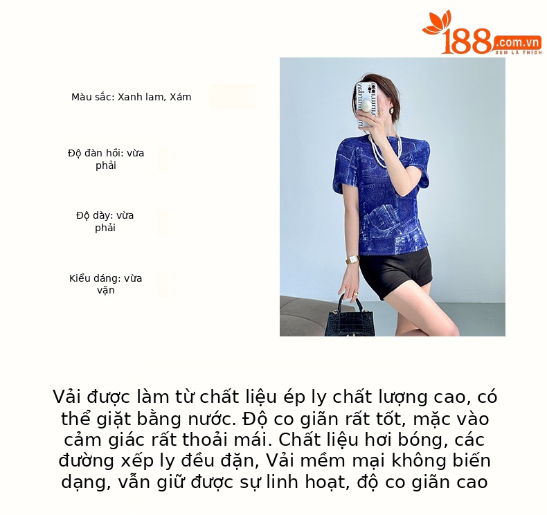 Áo thun vai bò giả cổ phối hoa in họa tiết xếp ly Miyake thiết kế tôn dáng — Màu xanh lam chi tiết 3