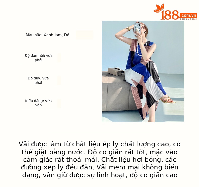 Đầm suông midi xếp ly không tay họa tiết ca rô — Màu xanh lam chi tiết 3