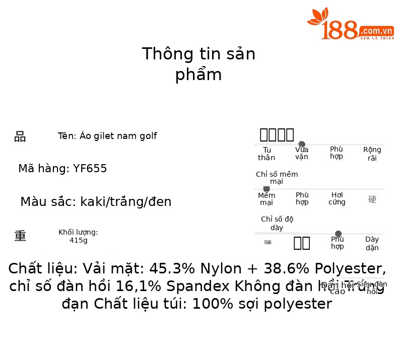 Áo ghi lê golf PGM nam chống gió nhẹ, cổ đứng, form vừa — YF655-Gi lê trắng, YF655-Áo gi lê màu đen, YF655-Gi lê kaki chi tiết 1