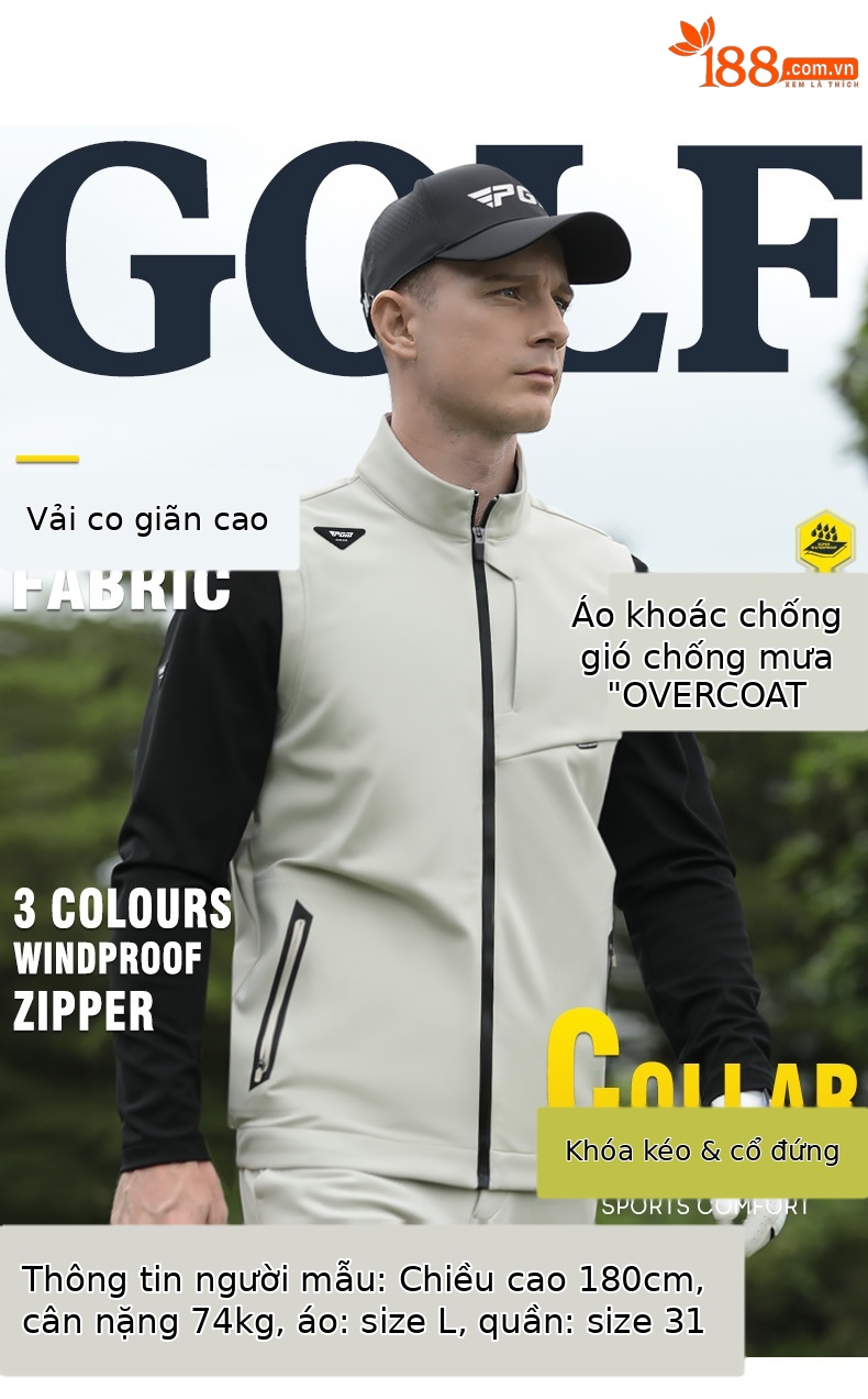 Áo ghi lê golf PGM nam chống gió nhẹ, cổ đứng, form vừa — YF655-Gi lê trắng, YF655-Áo gi lê màu đen, YF655-Gi lê kaki chi tiết 2