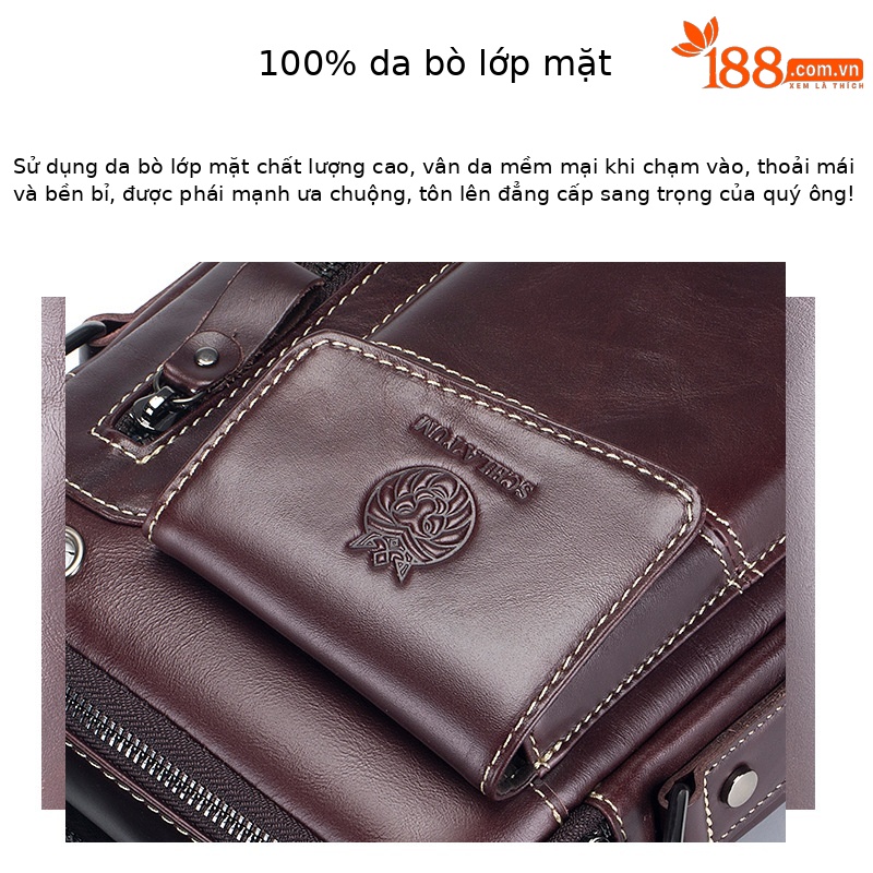 Túi đeo chéo nam da bò thật Lion Leiden kiểu cổ điển, nhỏ gọn, dành cho đi làm — Màu cà phê, Màu nâu, Màu đen