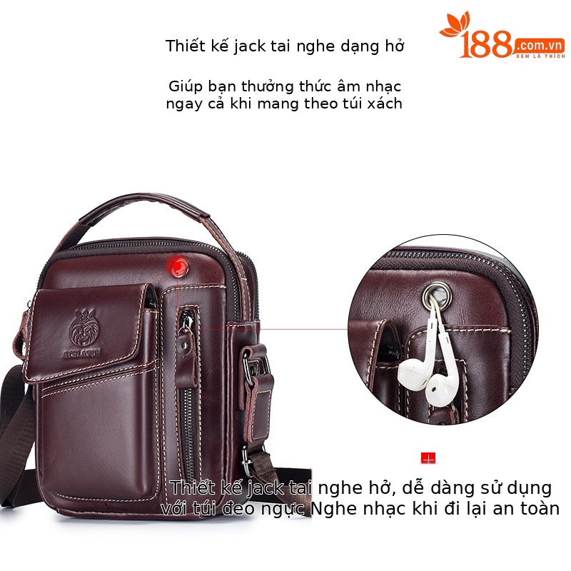 Túi đeo chéo nam da bò thật Lion Leiden kiểu cổ điển, nhỏ gọn, dành cho đi làm — Màu cà phê, Màu nâu, Màu đen