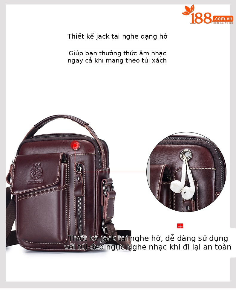 Túi đeo chéo nam da bò thật Lion Leiden kiểu cổ điển, nhỏ gọn, dành cho đi làm — Màu cà phê, Màu nâu, Màu đen chi tiết 7