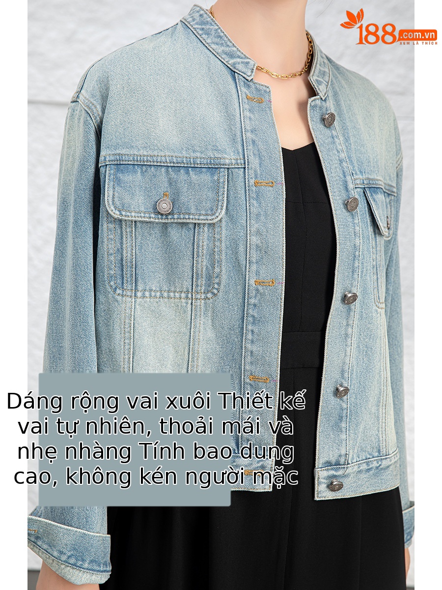 Áo khoác denim ngắn cổ đứng kiểu vintage nữ dáng rộng — Xanh lam hoài cổ