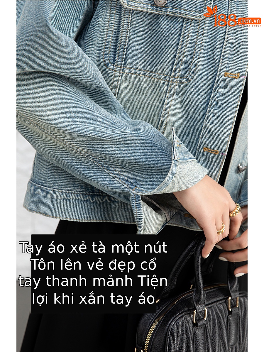 Áo khoác denim ngắn cổ đứng kiểu vintage nữ dáng rộng — Xanh lam hoài cổ